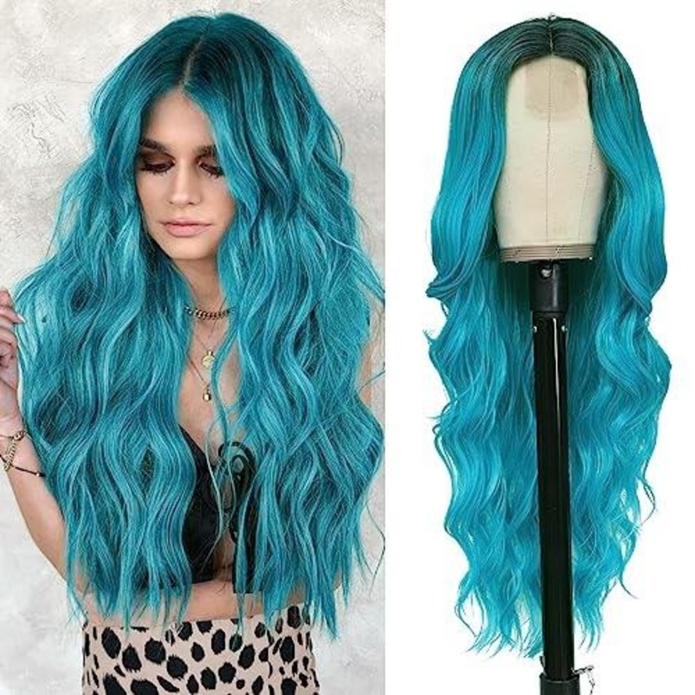 Long Wavy Turquoise Blue Ombre Wig Dark‎ Roots Synthetic Heat Resistant Cosplay
